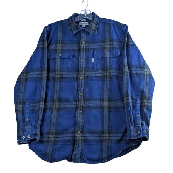 Carhartt Blue Plaid Flannel Mens Medium Regular Long Sleeve Button Up Shirt - Picture 1 of 9